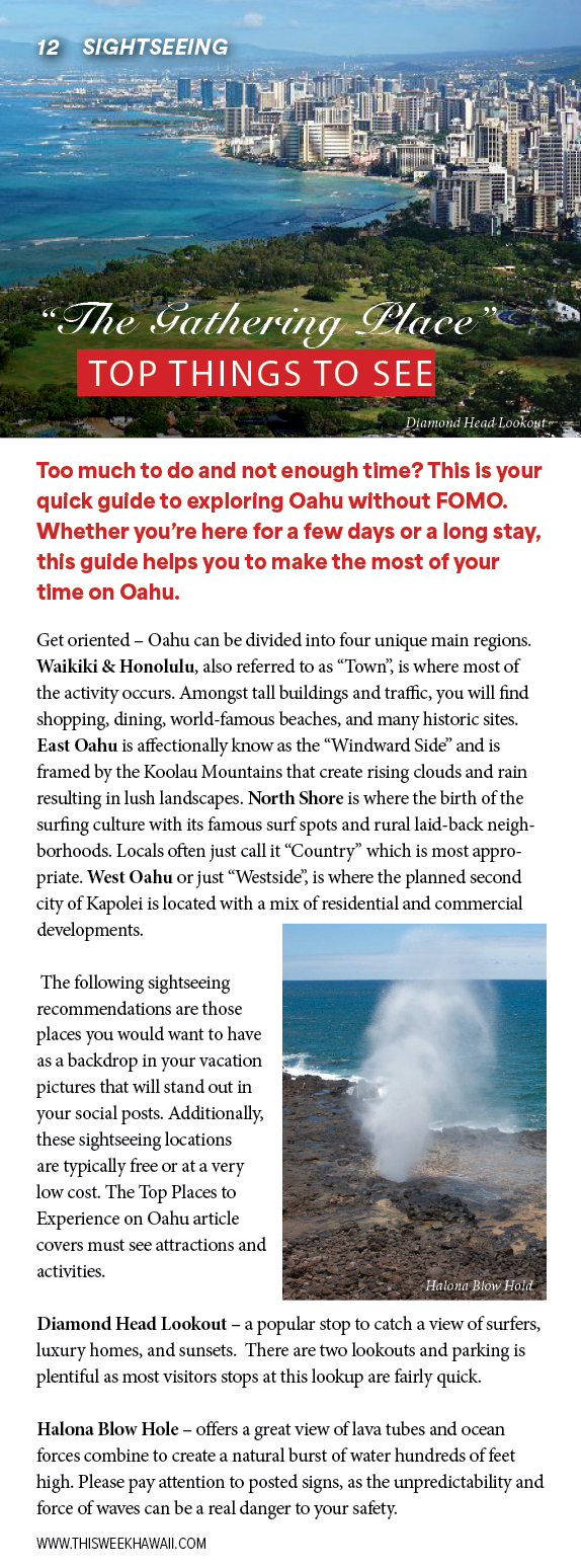 A red and white advertisement for the top things to see in Hawaii. Description generated by AI
