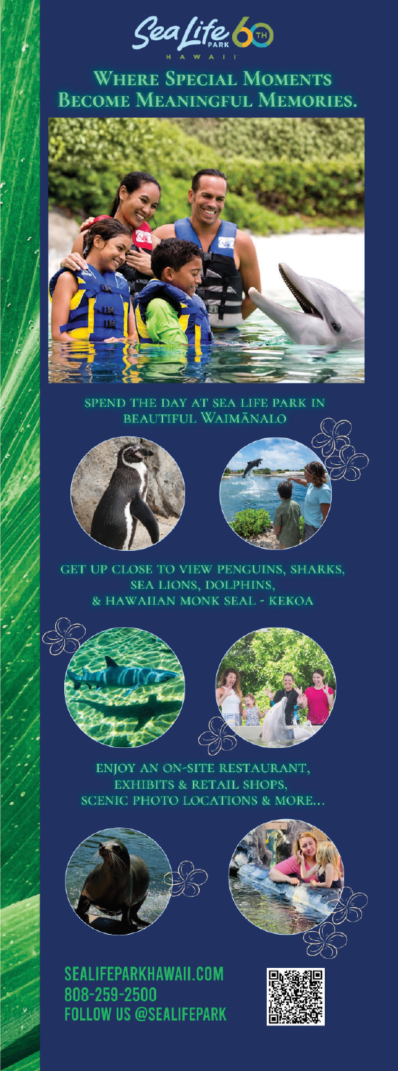 A blue and green advertisement for Sea Life Park. Description generated by AI