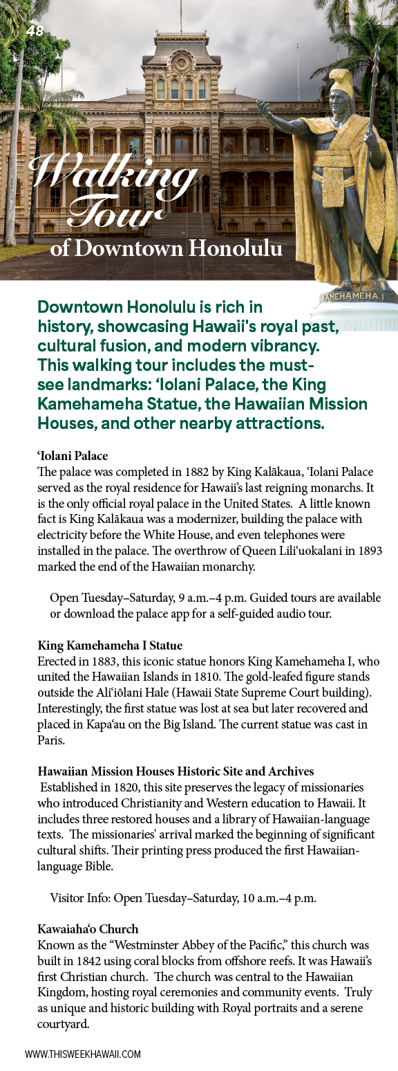 A brochure for a walking tour of downtown Honolulu. Description generated by AI