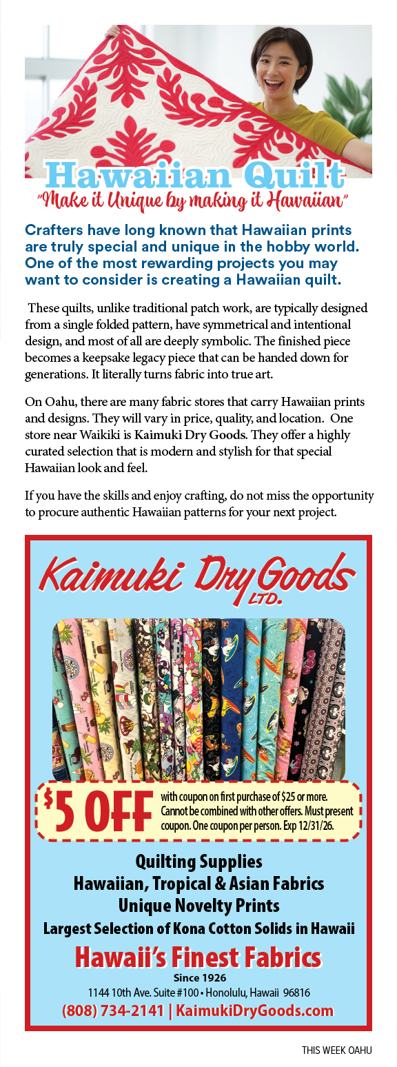 A Hawaiian Quilt & Crafts sign with a sale. Description generated by AI