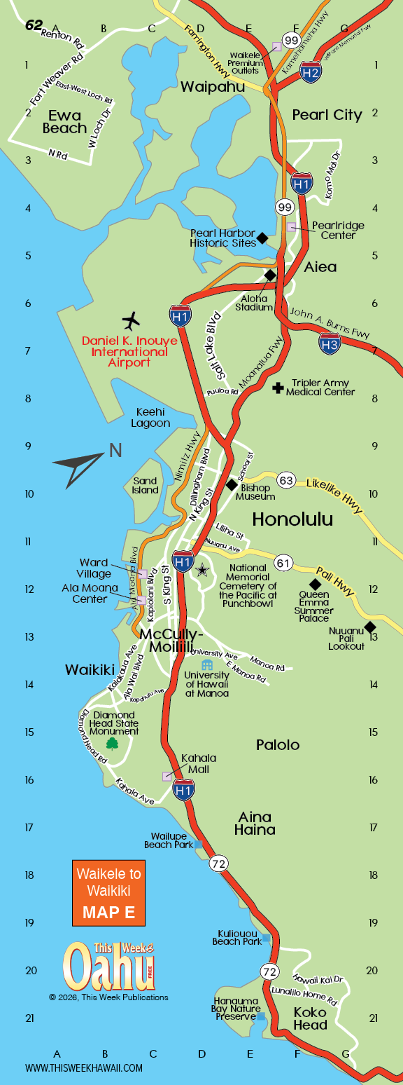 A map of the island of Oahu. Description generated by AI