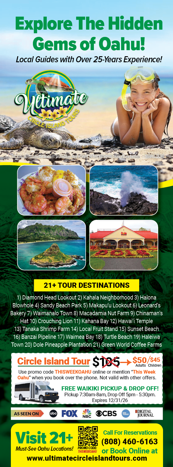 A green and yellow advertisement for a tour company. Description generated by AI